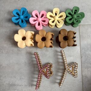 9pc Hair Claw Clip Bundle | Flowers, Hearts, Pearls - Pink, Brown